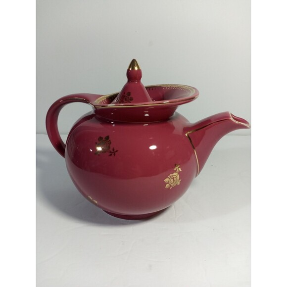 Vintage Teapot 1940's Hall China6 Cup Maroon Windshield Gold Rose#069…